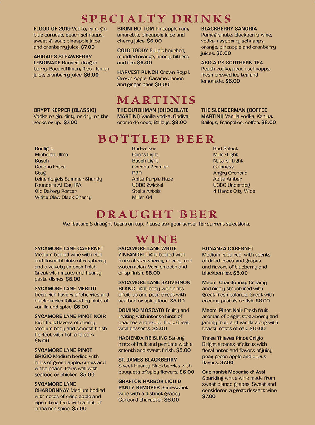 Menu Abigail S Tap Room 217 East Main Street Grafton